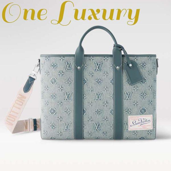 Replica Louis Vuitton Unisex Weekend Tote NM Monogram Washed Denim Coated Canvas Cowhide Leather