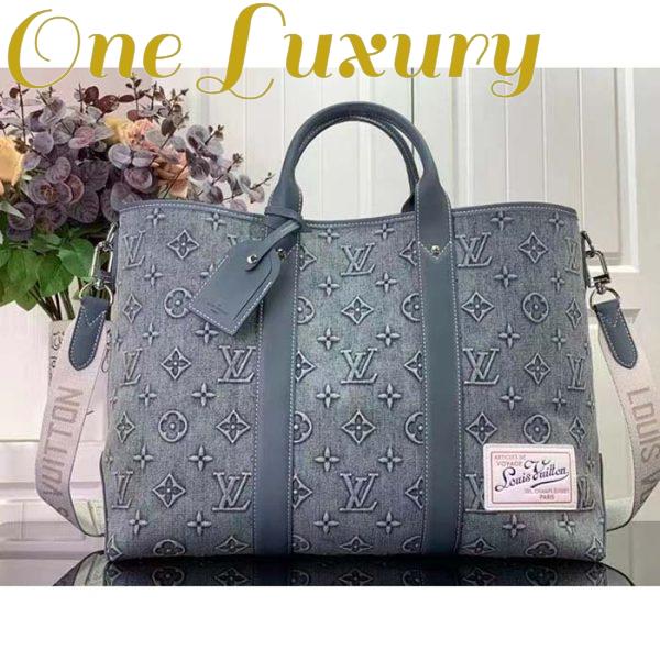 Replica Louis Vuitton Unisex Weekend Tote NM Monogram Washed Denim Coated Canvas Cowhide Leather 3