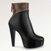 Replica Louis Vuitton LV Women Afterglow Platform Ankle Boot Black Calf Patent Monogram Canvas