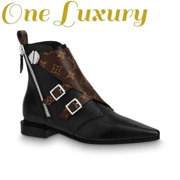 Replica Louis Vuitton LV Women Jumble Flat Ankle Boot in Calf Leather and Patent Monogram Canvas-Black