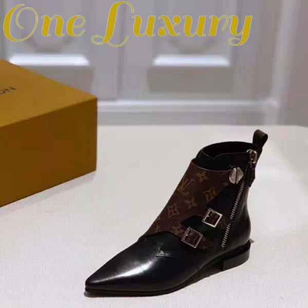 Replica Louis Vuitton LV Women Jumble Flat Ankle Boot in Calf Leather and Patent Monogram Canvas-Black 7