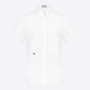 Replica Dior Men Short Sleeve Shirt White Cotton Poplin Black Dior Bee Embroidery