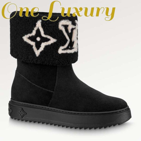 Replica Louis Vuitton LV Women Snowdrop Flat Ankle Boot Black Suede Calf Leather Shearling Wool 2
