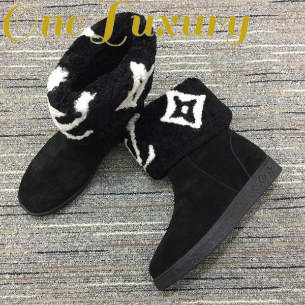 Replica Louis Vuitton LV Women Snowdrop Flat Ankle Boot Black Suede Calf Leather Shearling Wool 4