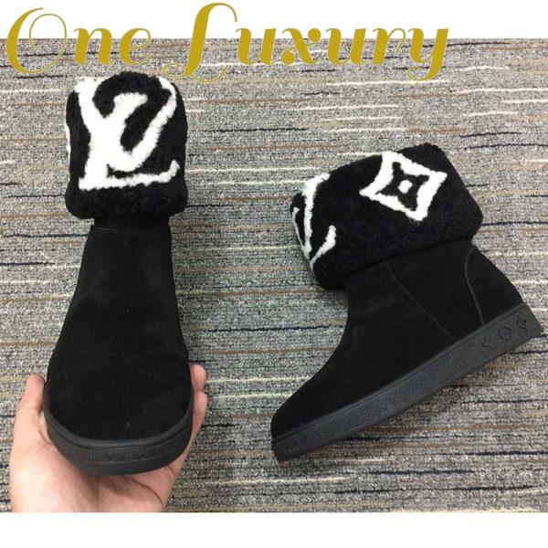 Replica Louis Vuitton LV Women Snowdrop Flat Ankle Boot Black Suede Calf Leather Shearling Wool 7