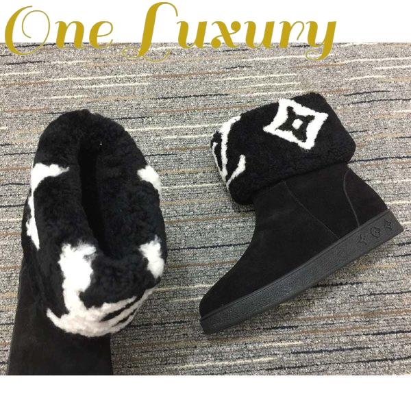 Replica Louis Vuitton LV Women Snowdrop Flat Ankle Boot Black Suede Calf Leather Shearling Wool 10