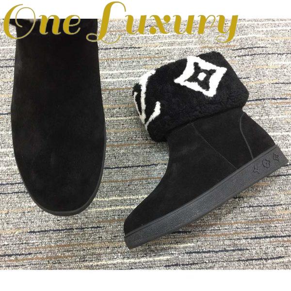 Replica Louis Vuitton LV Women Snowdrop Flat Ankle Boot Black Suede Calf Leather Shearling Wool 11