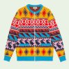Replica Gucci Women GG Wool Jacquard Zip Jacket Multicolor Geometric Motif Wool Bunny Label
