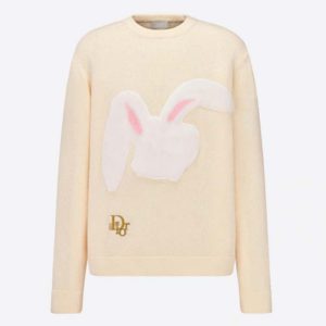 Replica Dior Men CD By Erl Sweater Rabbit Patch Beige Cotton-Blend Jersey Round Neck
