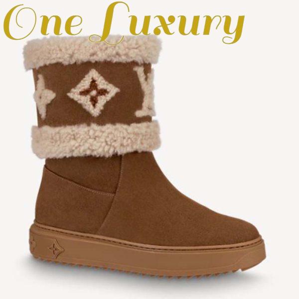 Replica Louis Vuitton LV Women Snowdrop Flat Ankle Boot Cognac Brown Suede Calf Shearling