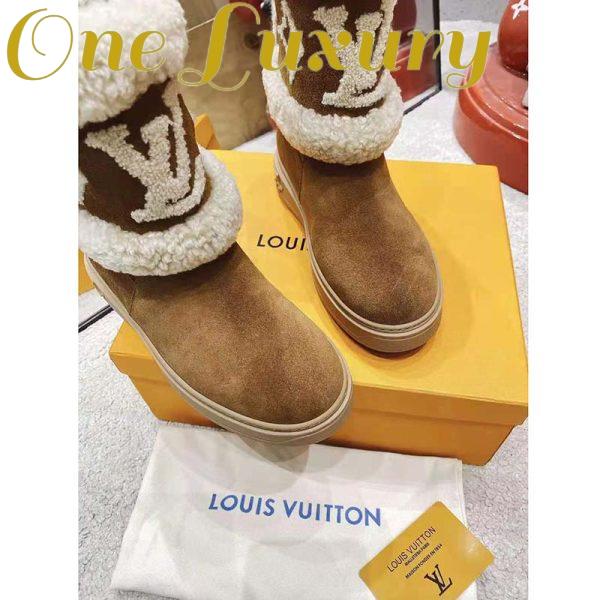 Replica Louis Vuitton LV Women Snowdrop Flat Ankle Boot Cognac Brown Suede Calf Shearling 8