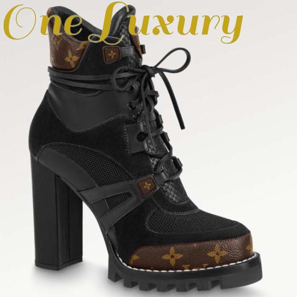 Replica Louis Vuitton LV Women Star Trail Ankle Boot Black Mix Materials Treaded Rubber 9.5 Cm Heel