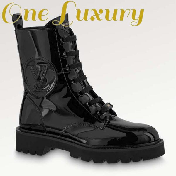 Replica Louis Vuitton LV Women Territory Flat Ranger Black Patent Calf Leather Treaded Rubber