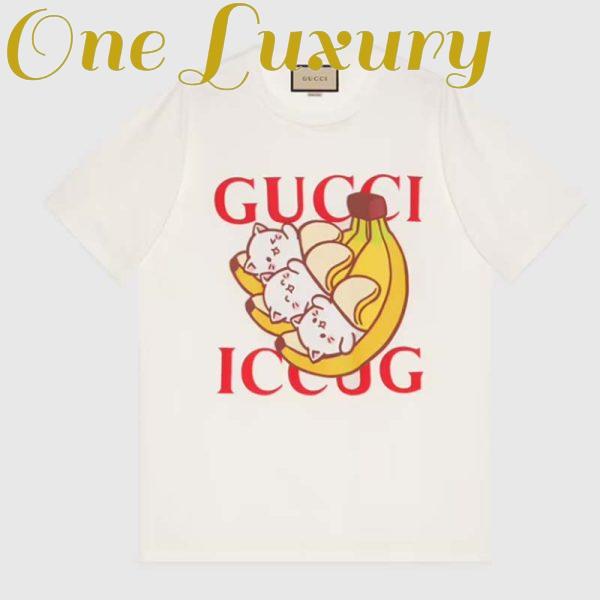 Replica Gucci GG Men Bananya Cat Cotton T-Shirt White Cotton Jersey Crewneck Oversize Fit