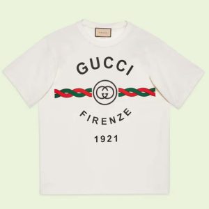 Replica Gucci GG Men Cotton Jersey ‘Gucci Firenze 1921’ White T-Shirt Crewneck Oversize Fit 2
