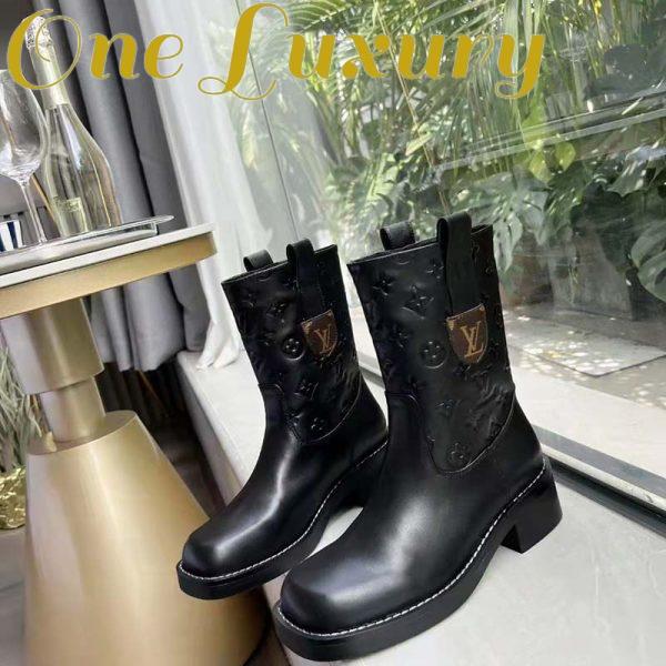Replica Louis Vuitton Women Downtown Ankle Boot Black Embossed Calf Leather 3 cm Heel 6