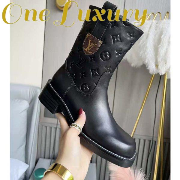 Replica Louis Vuitton Women Downtown Ankle Boot Black Embossed Calf Leather 3 cm Heel 8