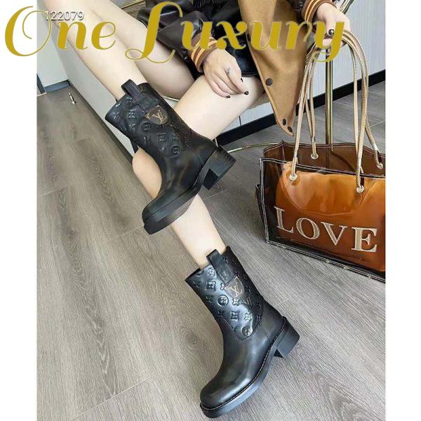 Replica Louis Vuitton Women Downtown Ankle Boot Black Embossed Calf Leather 3 cm Heel 11