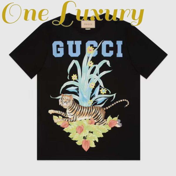 Replica Gucci GG Men Gucci Tiger Flower T-shirt Black Cotton Jersey Crewneck Oversize Fit