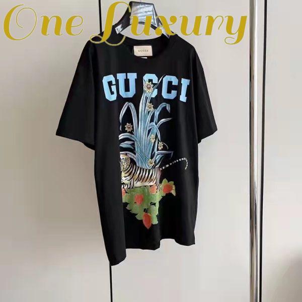 Replica Gucci GG Men Gucci Tiger Flower T-shirt Black Cotton Jersey Crewneck Oversize Fit 3