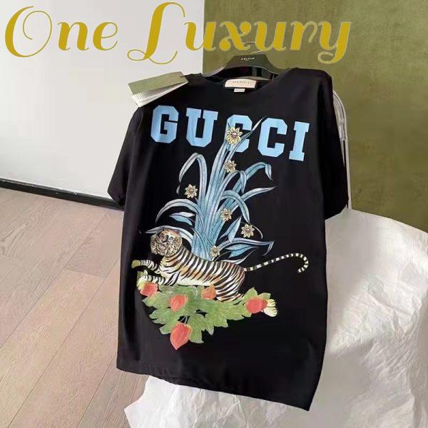 Replica Gucci GG Men Gucci Tiger Flower T-shirt Black Cotton Jersey Crewneck Oversize Fit 7