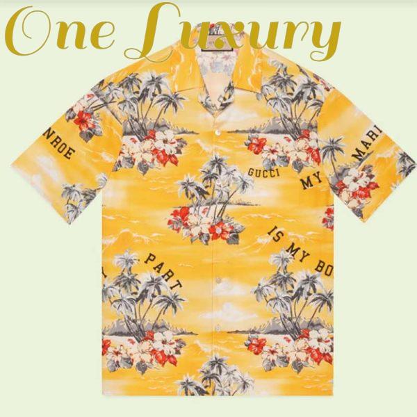 Replica Gucci GG Men Printed Cotton Bowling Shirt Yellow Red Poplin Short Sleeves