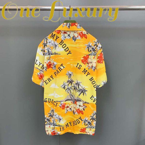 Replica Gucci GG Men Printed Cotton Bowling Shirt Yellow Red Poplin Short Sleeves 6