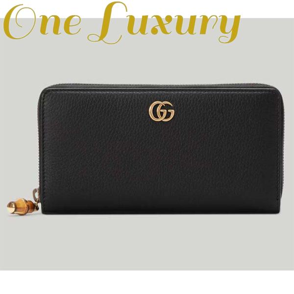 Replica Gucci Unisex GG Zip Around Wallet Bamboo Black Leather Double G