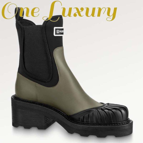 Replica Louis Vuitton Women Shoes LV Beaubourg Ankle Boot Khaki Green Calf Leather Neoprene