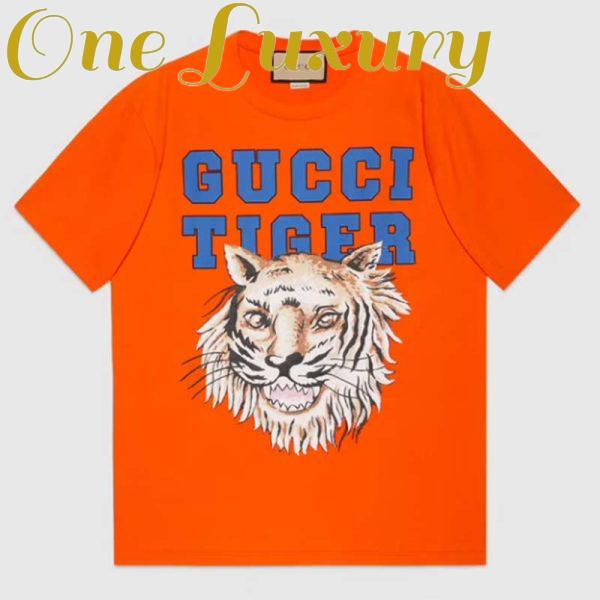 Replica Gucci GG Women Gucci Tiger Cotton T-Shirt Orange Jersey Crewneck