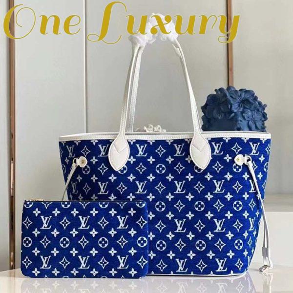 Replica Louis Vuitton Women Neverfull MM Tote Blue Monogram Jacquard Velvet Cowhide Leather 4