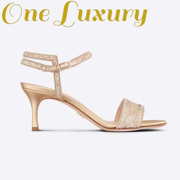 Replica Dior Women Dway Heeled Sandal Gold-Tone Cotton Embroidered with Metallic Thread and Strass