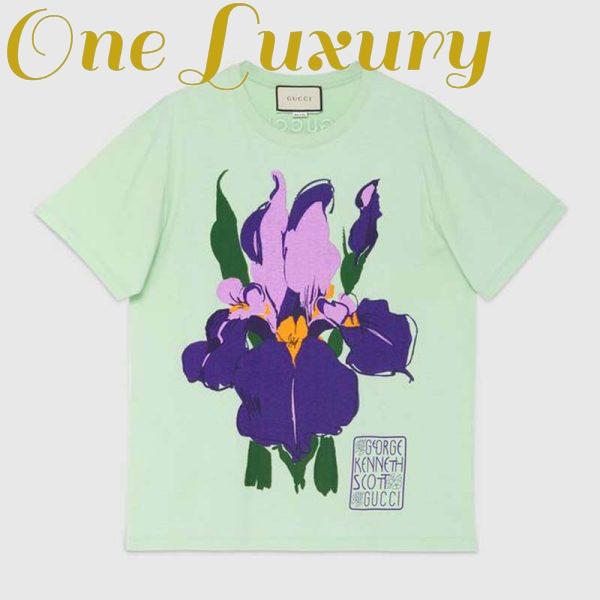 Replica Gucci Men Ken Scott Print Cotton T-Shirt Purple Flower Crewneck Oversize Fit-Lime 2