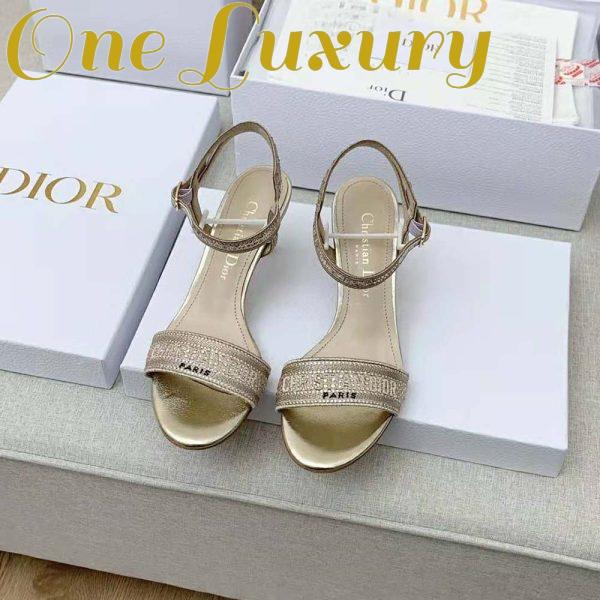 Replica Dior Women Dway Heeled Sandal Gold-Tone Cotton Embroidered with Metallic Thread and Strass 3