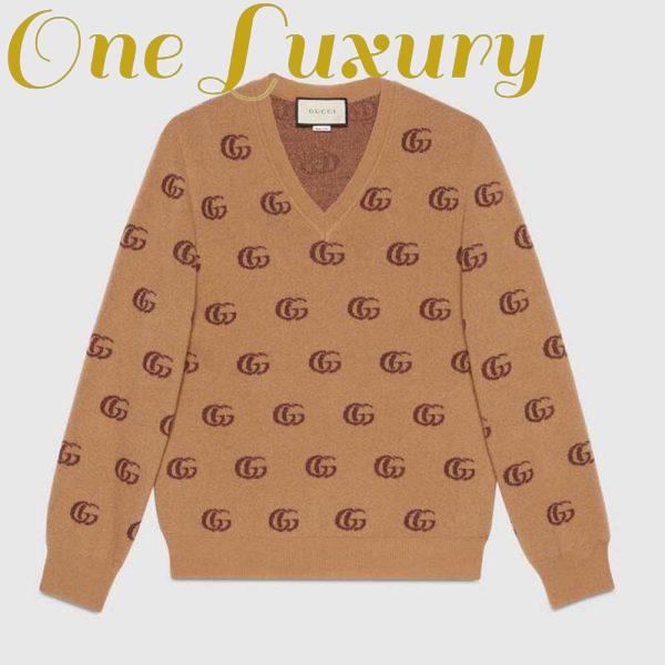 Replica Gucci Men Double G Jacquard Wool V-Neck Sweater Camel and Brown