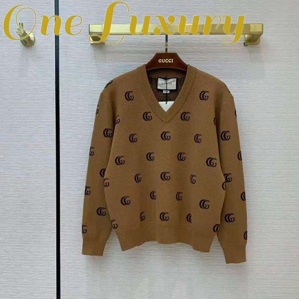 Replica Gucci Men Double G Jacquard Wool V-Neck Sweater Camel and Brown 3