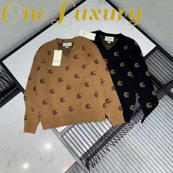 Replica Gucci Men Double G Jacquard Wool V-Neck Sweater Camel and Brown 5