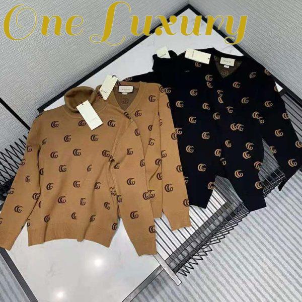 Replica Gucci Men Double G Jacquard Wool V-Neck Sweater Camel and Brown 6