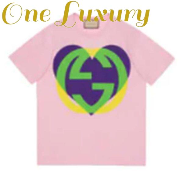 Replica Gucci Men GG Interlocking G Heart T-Shirt Pink Cotton Jersey Crewneck Oversize Fit