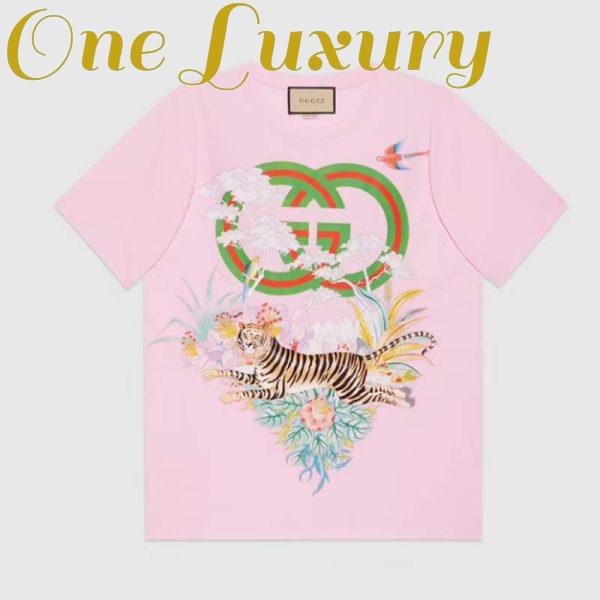 Replica Gucci Men GG Tiger Interlocking G T-Shirt Pink Cotton Jersey Flower Crewneck Oversize Fit