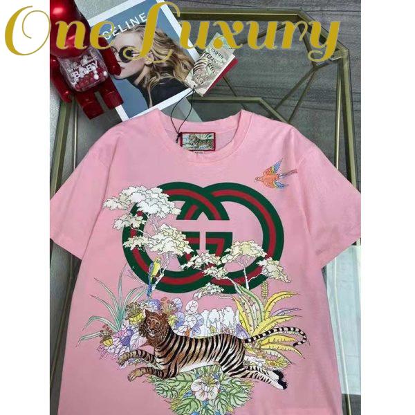 Replica Gucci Men GG Tiger Interlocking G T-Shirt Pink Cotton Jersey Flower Crewneck Oversize Fit 5
