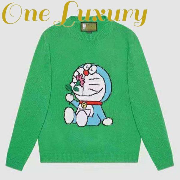 Replica Gucci Women Doraemon x Gucci Wool Sweater Green Wool Crewneck