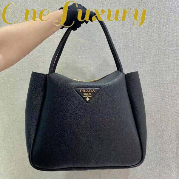 Replica Prada Women Medium Leather Handbag with the Prada Metal Lettering Logo Illuminating Its Center-Black 3