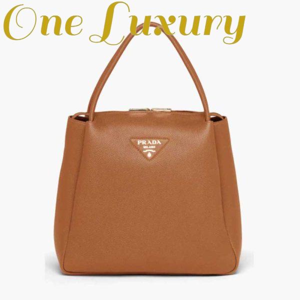 Replica Prada Women Medium Leather Handbag with the Prada Metal Lettering Logo Illuminating Its Center-Brown 2