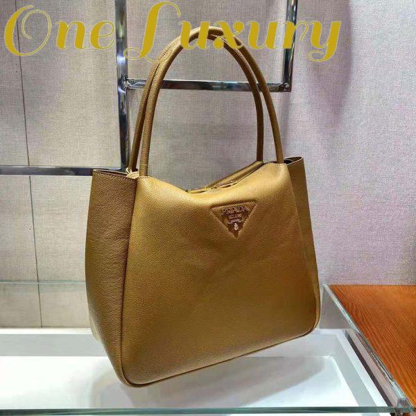 Replica Prada Women Medium Leather Handbag with the Prada Metal Lettering Logo Illuminating Its Center-Brown 7