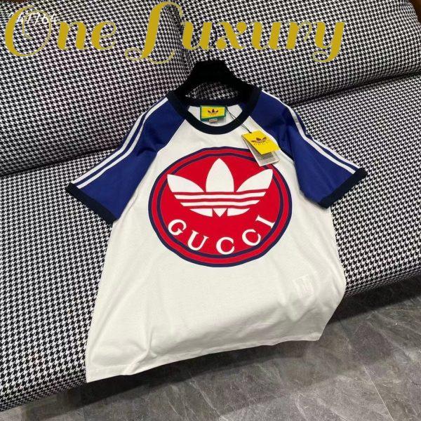 Replica Gucci Women GG Adidas x Gucci Cotton Jersey T-Shirt Ivory Blue Trefoil Print Raglan Sleeves Crewneck 4