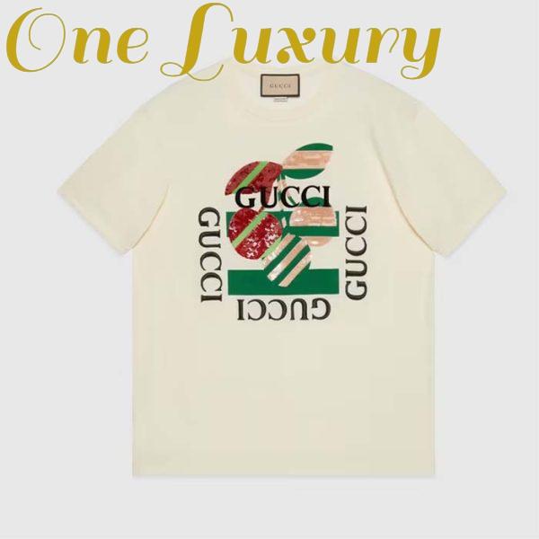 Replica Gucci Women GG Cotton Jersey Printed T-Shirt Off White Cherry Sequin Embroidery