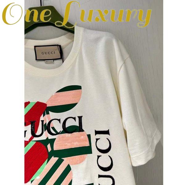 Replica Gucci Women GG Cotton Jersey Printed T-Shirt Off White Cherry Sequin Embroidery 10