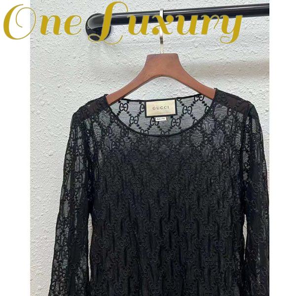 Replica Gucci Women GG Embroidered Tulle T-Shirt Black Long Sleeve Fitted Cotton 6