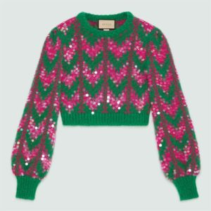 Replica Gucci Women GG Chevron Wool Sequin Sweater Crewneck Mohair Polyamide Puffed Sleeves 2